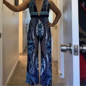 Blue Paisley Halter deep V cut Jumpsuit